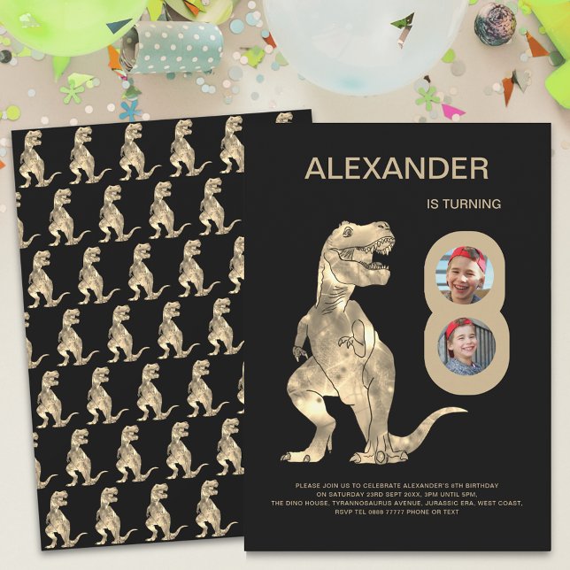 Boys Dinosaur 8th Birthday Party Photo Collage Invitation (T-Rex Dinosaur boys 8th birthday party 2 photo collage invitation)