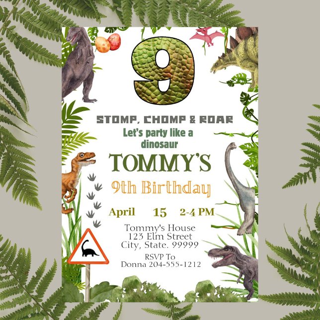 Boys Dinosaur 9th Birthday Party Invitation (Creator Uploaded)