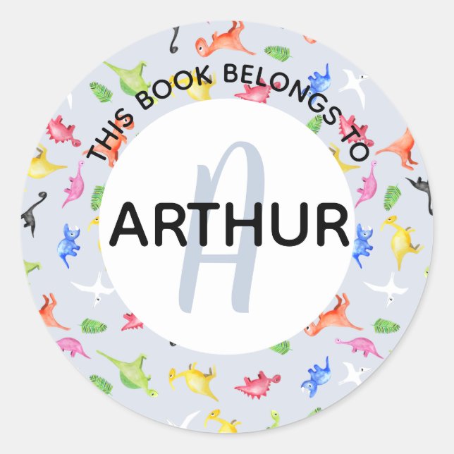 Boys Dinosaur Monogram and Name Bookplate Classic Round Sticker (Front)