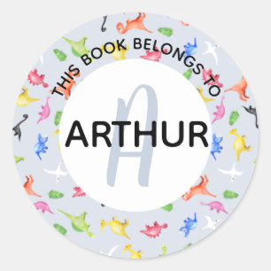 Boys Dinosaur Monogram and Name Bookplate Classic Round Sticker