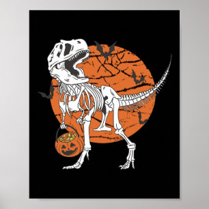 Boys Dinosaur Skeleton T Rex Scary Pumpkin Moon  Poster