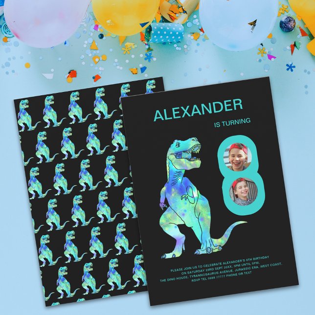 Boys Dinosaur T-Rex 8th Birthday Party  Invitation (T-Rex dino boys 8th birthday party photo invitation with color dinosaur teal green typography )
