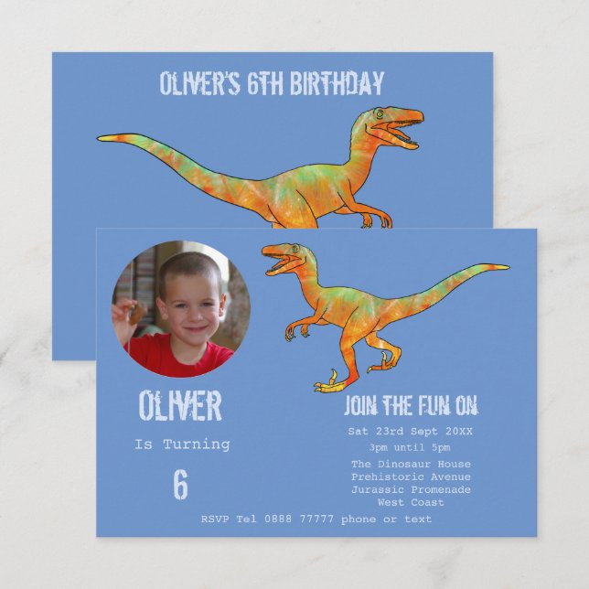 Boys Dinosaur Velociraptor 6th Birthday Party Blue Invitation (Front/Back)