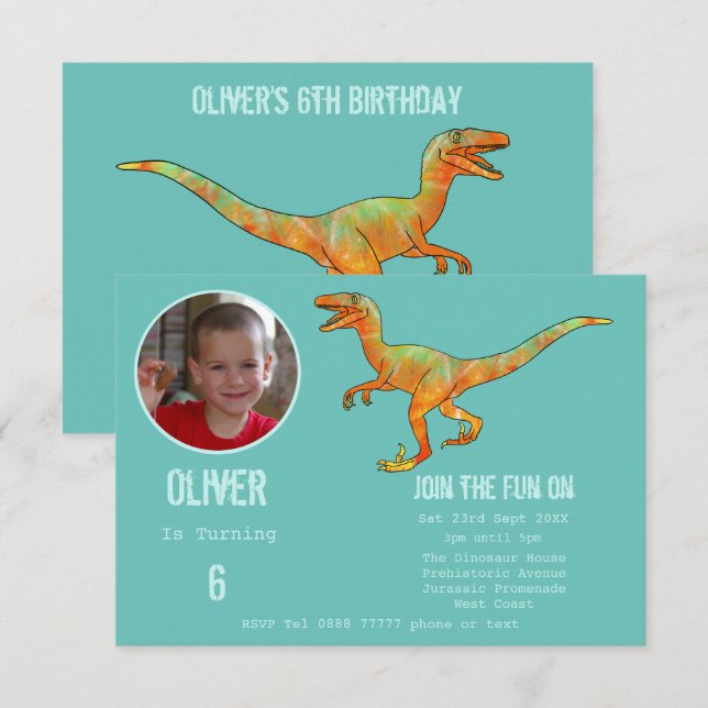 Boys Dinosaur Velociraptor 6th Birthday Party Teal Invitation (Front/Back)