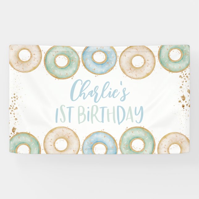 Boy's Doughnut 1st Birthday Party Banner Backdrop (Horizontal)