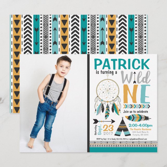 Boys Dreamcatcher Wild ONE 1st Birthday Invitation (Front/Back)