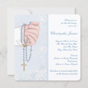 Boys Elegant Baby Blue Rosary Christening Invitation