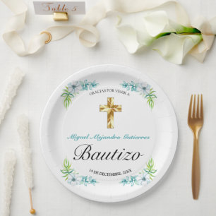 Boys Elegant Blue Floral Bautizo Paper Plate