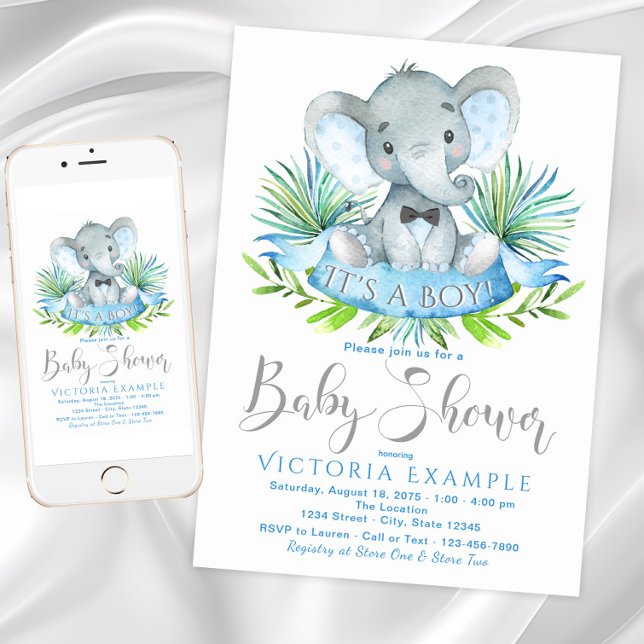 Boys Elephant Baby Shower Invitations (Cute boy elephant and greenery baby shower. Instant download and printed invitations available.)