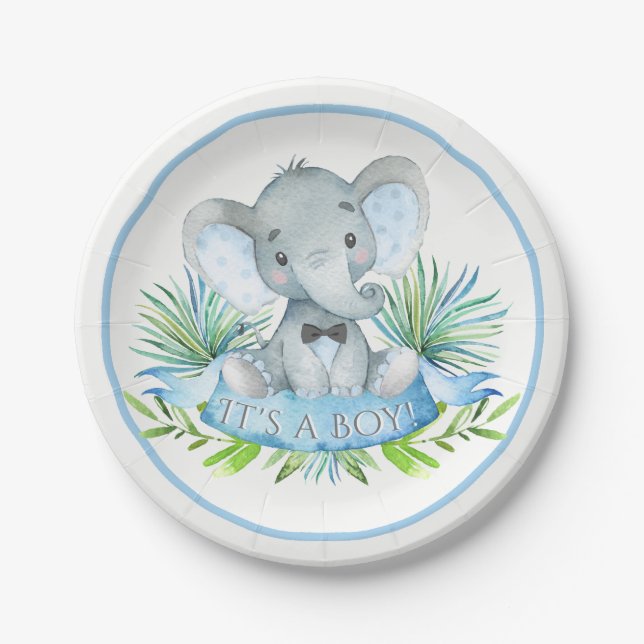 Boys Elephant Baby Shower Paper Plates (Front)