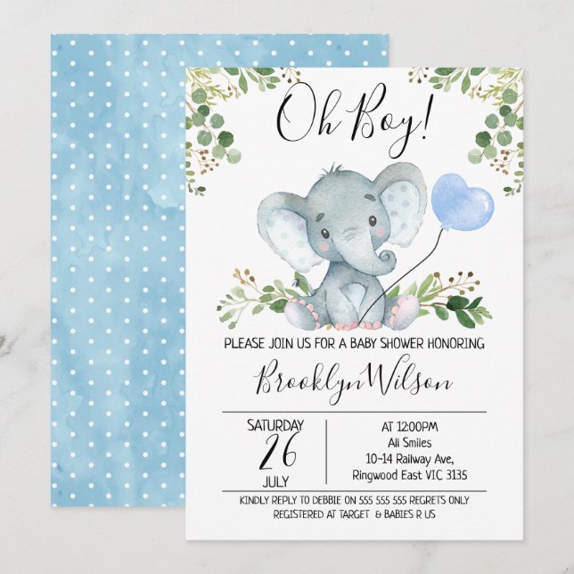 Boy's Elephant Watercolor Baby Shower Invitation (Front/Back)