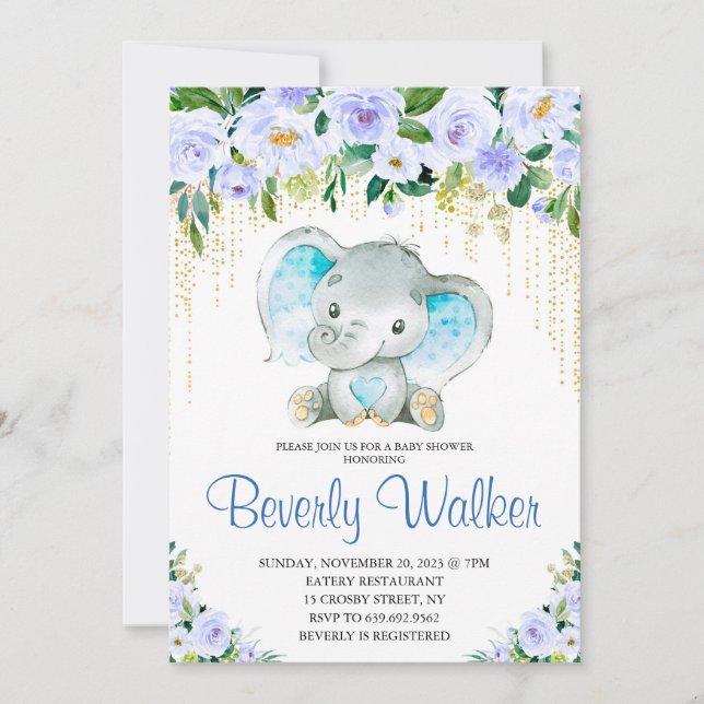 Boy's Elephant Watercolor Baby Shower Invitation (Front)