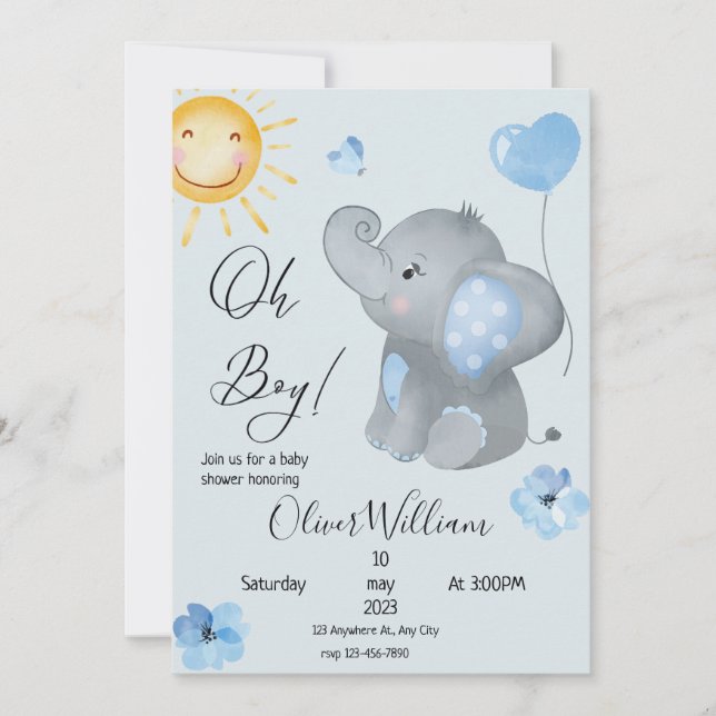 Boy's Elephant Watercolor Baby Shower Invitation (Front)
