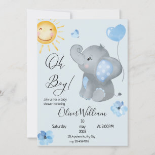 Boy's Elephant Watercolor Baby Shower Invitation