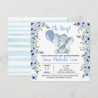 boy's Elephant Watercolor Baby Shower Invitation