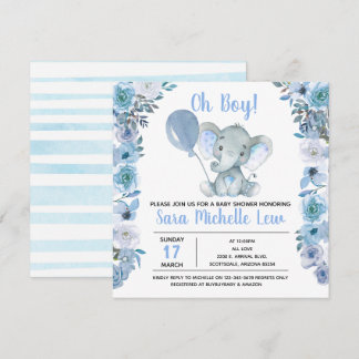 boy's Elephant Watercolor Baby Shower Invitation