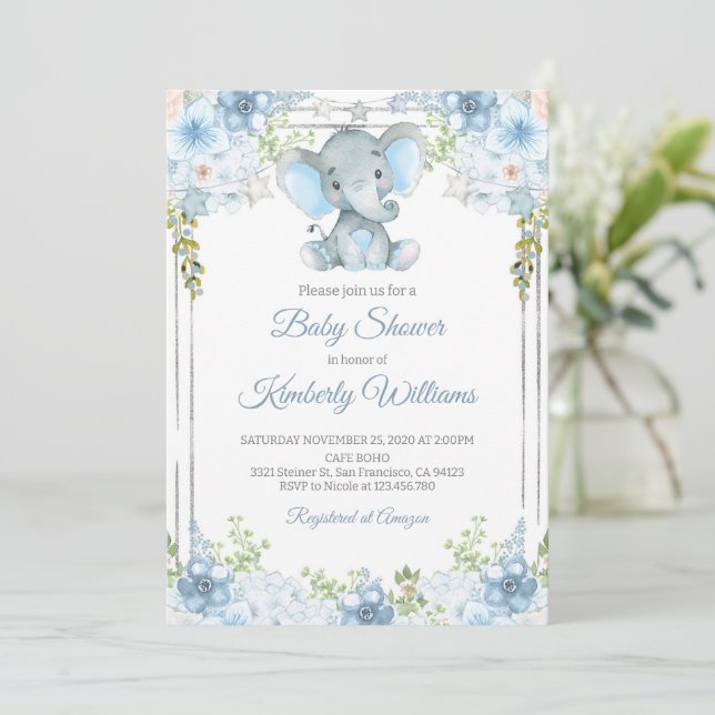 Boy's Elephant Watercolor Baby Shower Invitation (Standing Front)