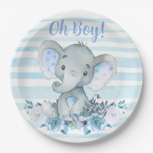 boy's Elephant Watercolor Baby Shower napkins Paper Plate