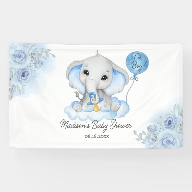 Boy's Elephant Watercolor Floral Baby Shower Banner (Horizontal)