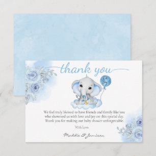 Boy's Elephant Watercolor Floral Baby Shower Thank You Card