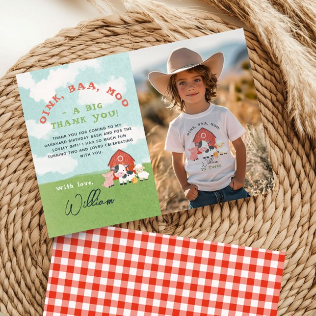 Boys Farm Barnyard Birthday Photo Thank You Card (Creator Uploaded)