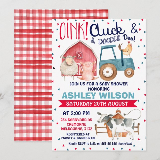 Boys farm themed baby shower invitation (Front/Back)