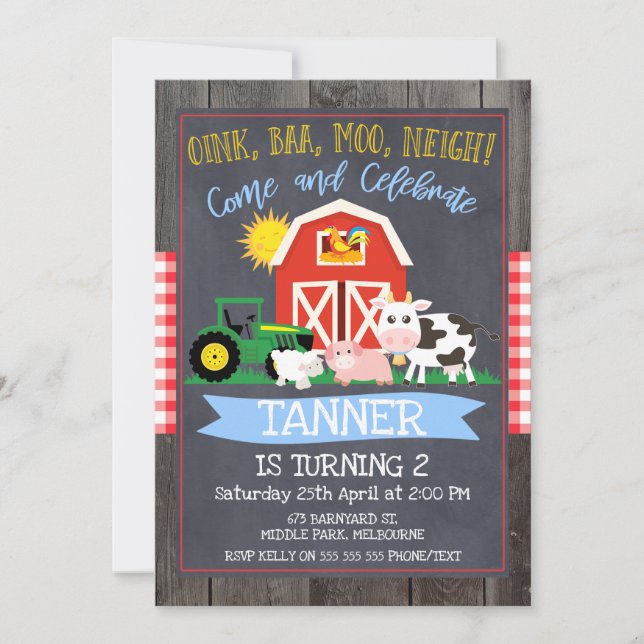 Boys Farm Tractor Chalkboard Birthday Invitation (Front)