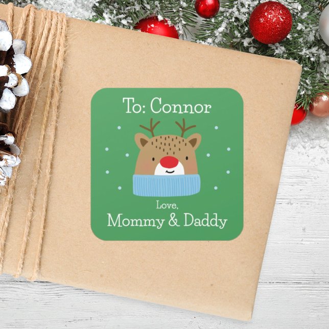 Boys Festive Red & Green Reindeer Custom Christmas Square Sticker (Creator Uploaded)