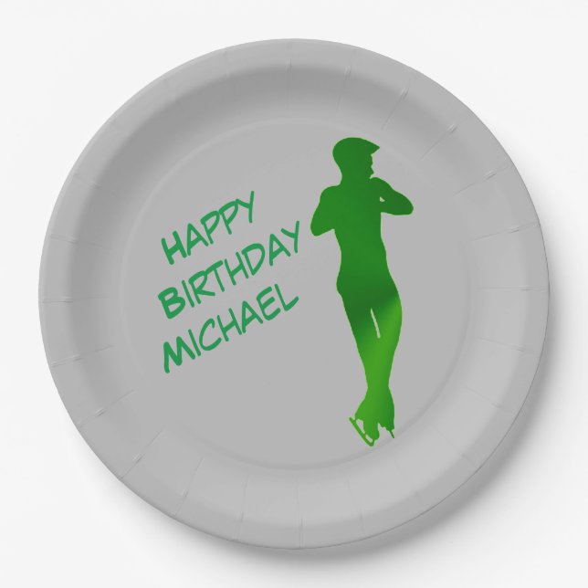 Boys Figure Skating Green Birthday Party Paper Paper Plate (Front)