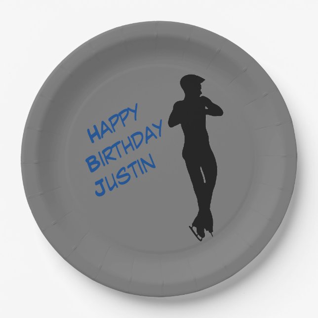 Boys Figure Skating Happy Birthday Paper Plates (Front)