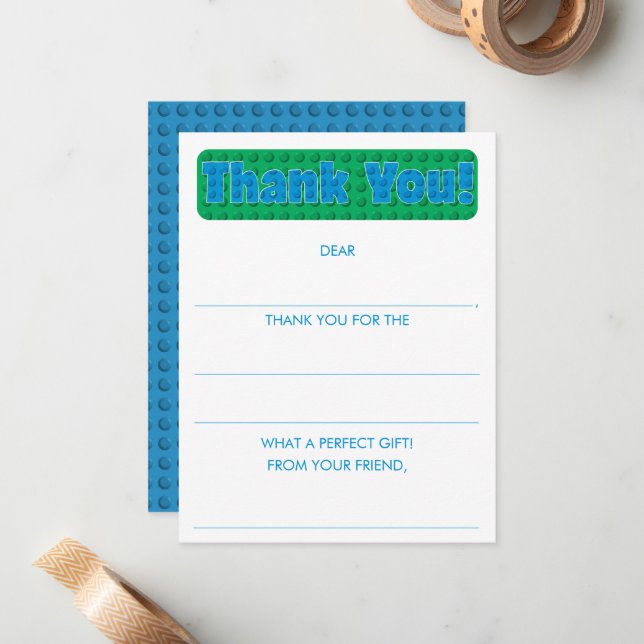 Boys Fill In The Building Block Thank You Card (Front/Back In Situ)