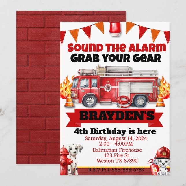 Boys Firetruck Birthday Party  Invitation (Front/Back)