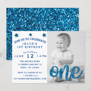 Boys First Birthday Blue Glitter Photo Invitation