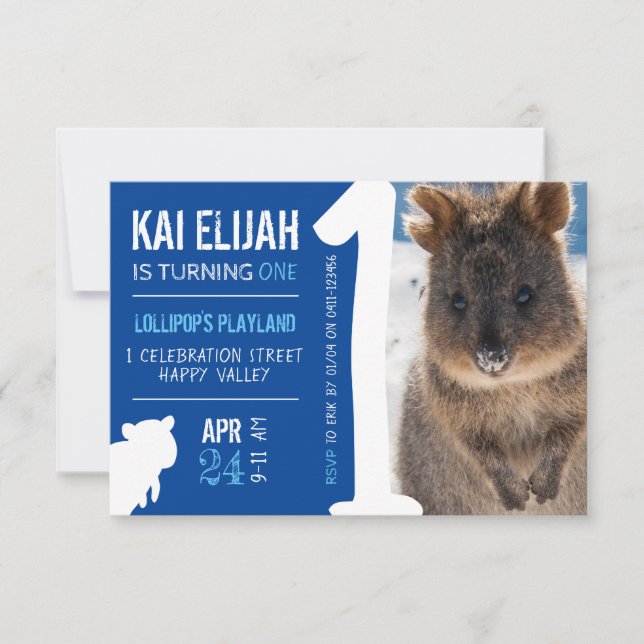 Boys First Birthday Blue Quokka Australia Photo Invitation (Front)