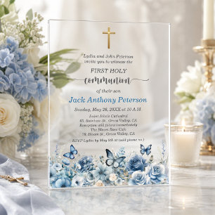 Boy's First Communion Gold Cross Blue Floral Acrylic Invitations