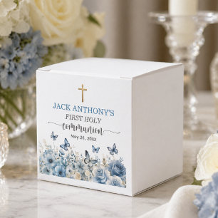 Boy's First Communion Gold Cross Blue Floral Favour Box