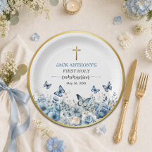 Boy's First Communion Gold Cross Blue Floral 