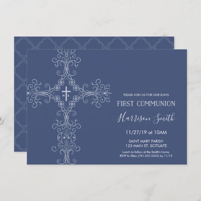 Boy's First Communion Invitation - Cross, Monogram (Front/Back)