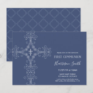 Boy's First Communion Invitation - Cross, Monogram