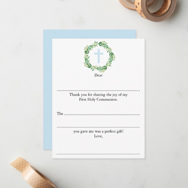 Boys First Holy Communion Fill In Thank You Card (Front/Back In Situ)