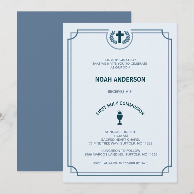 Boy's First Holy Communion Invitation Blue (Front/Back)