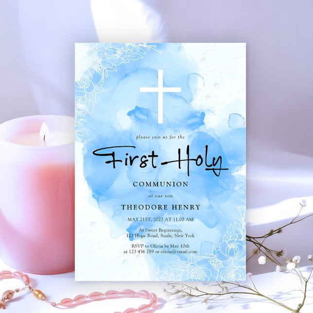 Boys First Holy Communion Sky Blue Watercolor Invitation (Creator Uploaded)