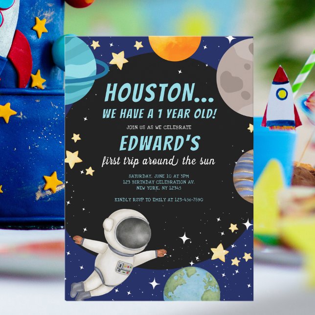 Boy's First Trip Around The Sun 1st Birthday Space Invitation (Creator Uploaded)