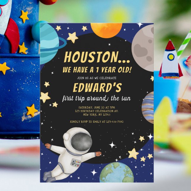 Boy's First Trip Around The Sun 1st Birthday Space Invitation (Creator Uploaded)
