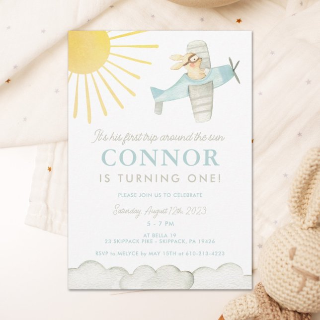 Boys First Trip Around the Sun Plane 1st Birthday Invitation (Creator Uploaded)