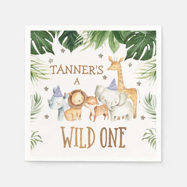 Boys Foliage Wild One Safari 1st Birthday Napkins (Front)