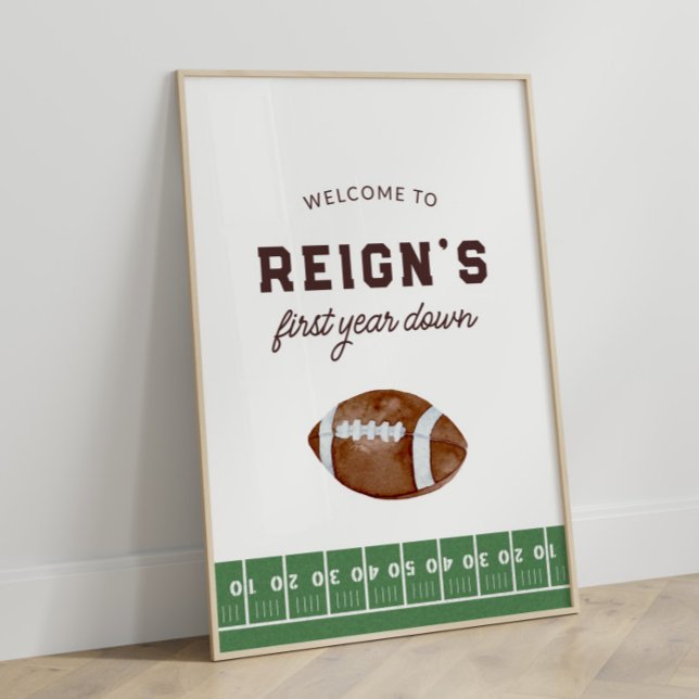 Boy's Football First Year Down 1st Birthday Party Poster (Creator Uploaded)