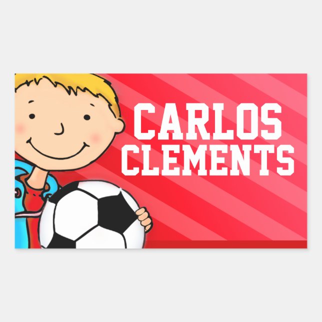 Boys football soccer name red id label sticker (Front)