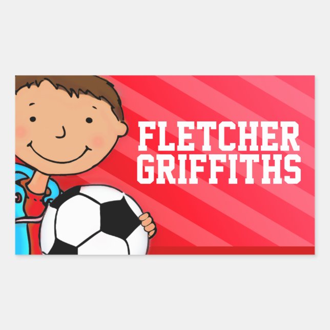 Boys football soccer name red id label sticker (Front)