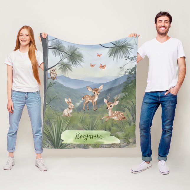 Boys Fun Personalised Woodland Animals  Fleece Blanket (In Situ)